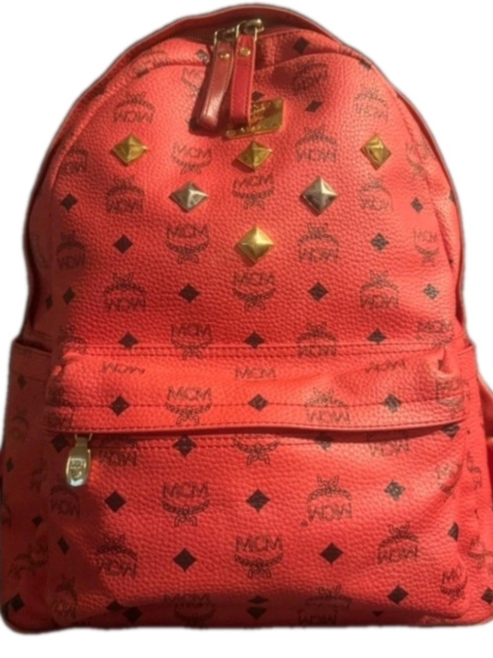 MCM Redish Pink Leather FULL Size Studded Backpack w Gold Hardware (EUC)